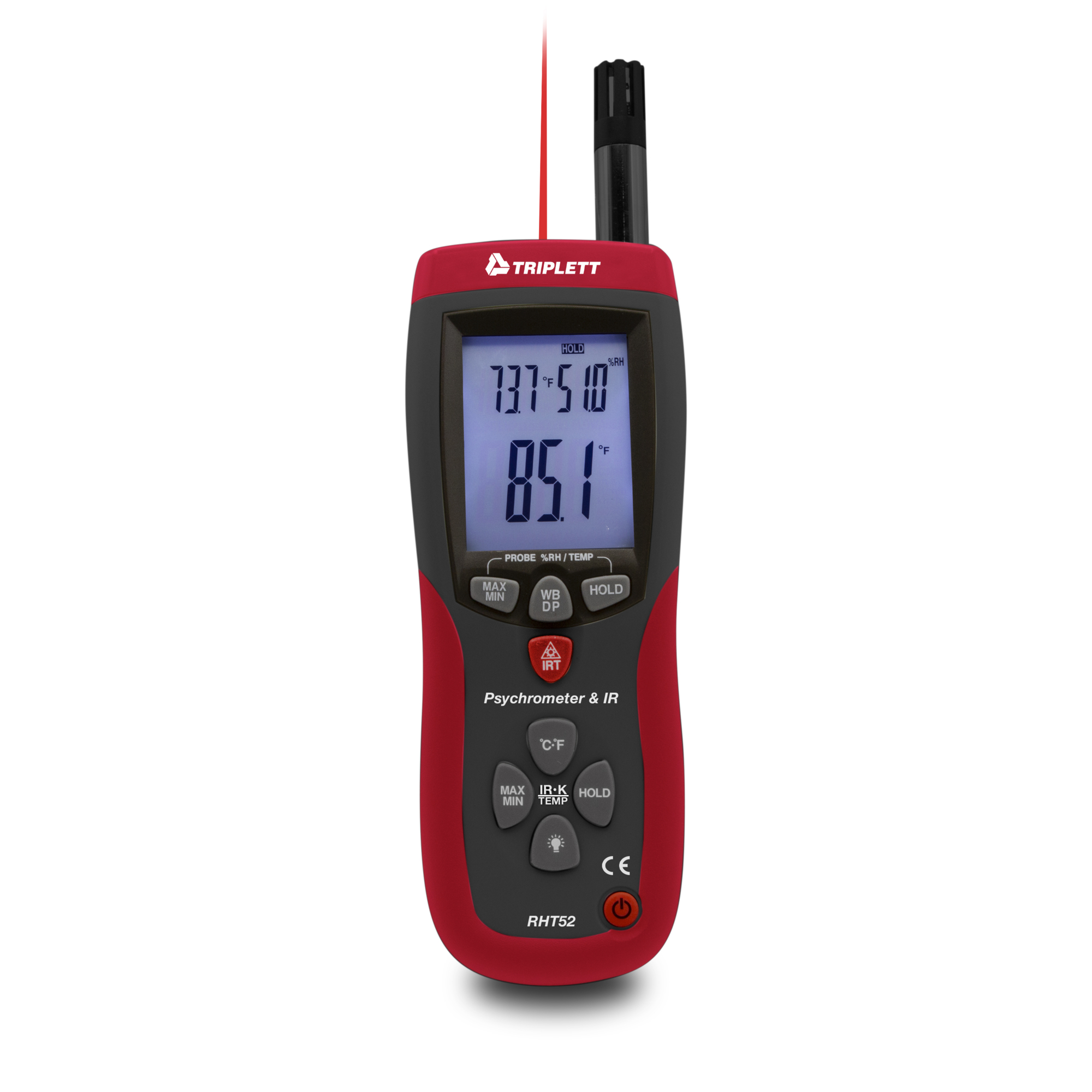 Triplett Digital Psychrometer + IR Thermometer — Measures Air Temperature, Relative Humidity, Wet Bulb, Dew Point, Type K, Model# RHT52